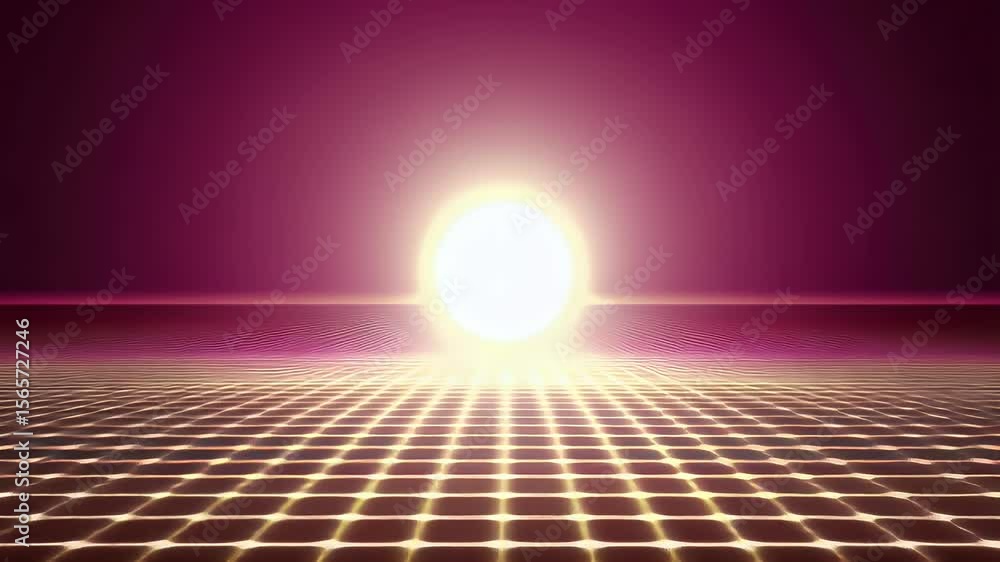 Poster abstract grid with glowing sphere against a deep purple background. futuristic digital design with b