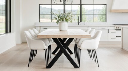 Fototapeta premium A reclaimed wood farmhouse table softly lit by the morning sun through a wide, paned window, anchoring a vast, open-concept kitchen with its rustic charm and minimalist decor