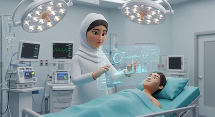 Futuristic Healthcare: A female doctor uses a holographic interface to monitor a patient's vital signs in a modern hospital operating room.