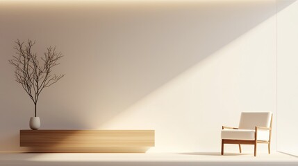 Fototapeta premium A sleek, contemporary wooden credenza illuminated by the soft, even light from a full-height window, emphasizing its clean lines and the expansive, uncluttered wall space around it