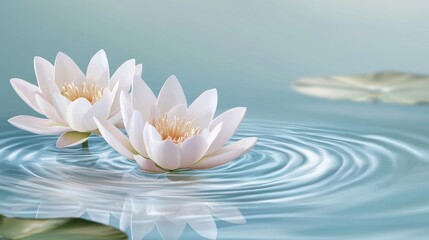 Two lotus flowers are elegantly illustrated floating on calm and rippled water, conveying a sense of peaceful coexistence and tranquility