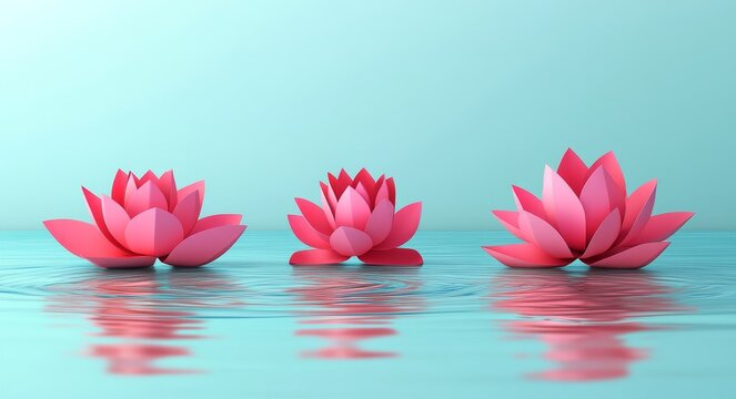 Paper lotus flowers are seen floating calmly on water with soft ripples, set against a delicate teal background, conveying a sense of peacefulness and serenity