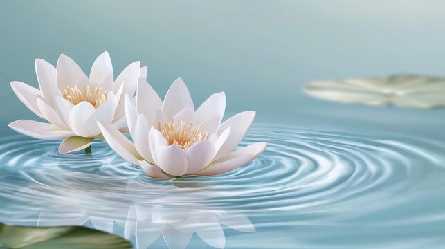 Two lotus flowers are elegantly illustrated floating on calm and rippled water, conveying a sense of peaceful coexistence and tranquility
