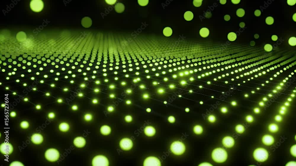 Poster abstract green glowing dots pattern against a dark background. futuristic digital data visualization