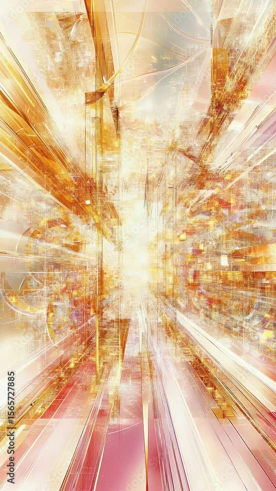 Poster abstract perspective golden architecture with geometric forms radiating light and intricate details 