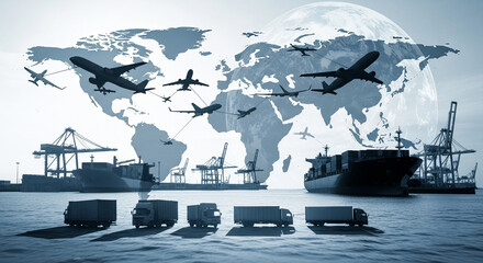 Global logistics network featuring airplanes ships trucks and a world map overlayed in monochrome