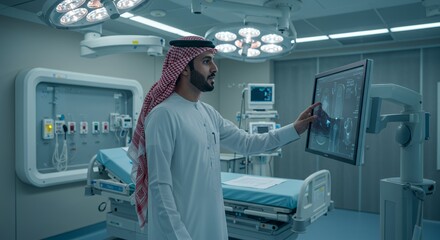 Modern hospital interior shows a man in traditional Middle Eastern attire reviewing medical images on a digital display.