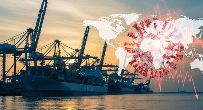 Shipping port with cranes and cargo ships overlaid with a world map and virus graphic showing a downturn