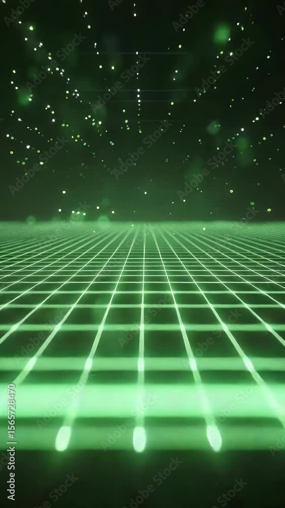 Poster abstract green grid pattern forming a digital landscape with a dark background and light particles f