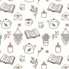 Vector seamless pattern with books, tea pots, candles, plants, butterflies in minimalistic hand-drawn style, thin black lines with soft beige accents, cozy hygge aesthetic for fabric, wallpaper, packa