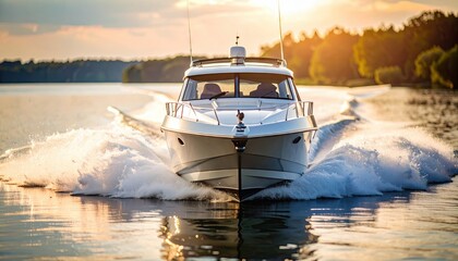 White Motorboat Speeds Across Lake Surface Creating White Foamy Wake during Sunset