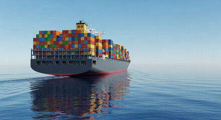 Cargo ship carrying colorful containers sailing on the water under a clear blue sky view from behind