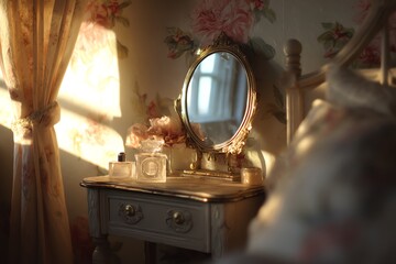 Cozy bedroom corner with vintage mirror and floral wallpaper illuminated by soft sunlight