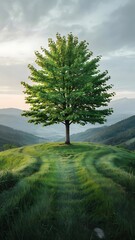 Fototapeta premium Solitary Tree on a Green Hill with Misty Mountains in Background – Minimalist Vertical Landscape Render
