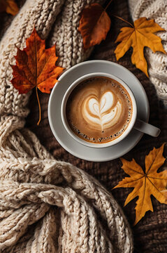 Cup of coffee with autumn leaves on a table in a cozy morning scene