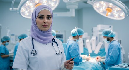 Confident female surgeon in hijab stands in operating room, holding surgical instrument, while colleagues perform surgery in the background.