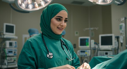 Confident female surgeon in hijab prepares for surgery, showcasing professionalism and dedication in a modern operating room.