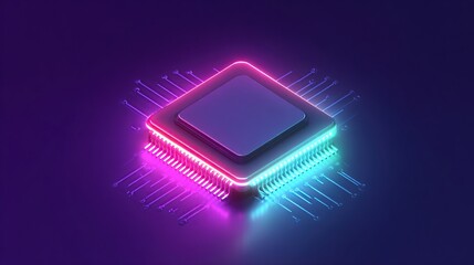 Glowing futuristic computer chip on a dark surface, neon highlights, intricate circuitry details