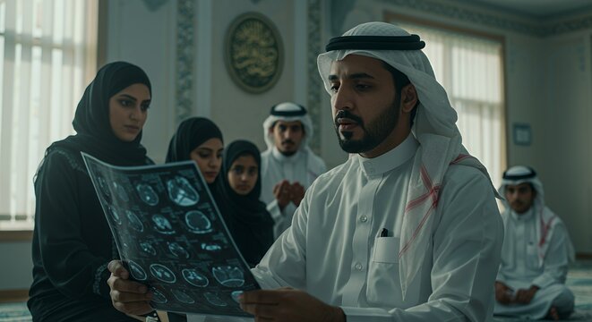 A doctor reviews medical scans with a concerned family, offering support and explanation in a traditional setting.