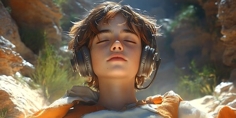 Serene Escape Person Meditating with Headphones Outdoors