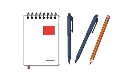 Spiral Notebook, Pens, and Pencil: Simple Stationery Illustration