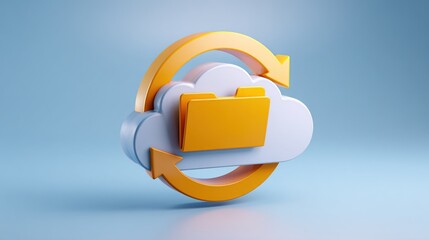 A cloud symbol with a folder inside, enclosed by arrows, on a light blue backdrop
