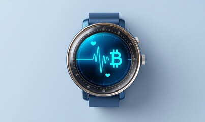 minimal fintech concept of smart watch showing heartbeat merged with crypto trendline, flat icon fusion of health tech and digital assets,