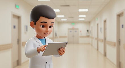 Young doctor uses a tablet computer in a bright hospital corridor, showcasing modern healthcare technology.
