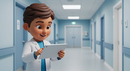 Cheerful cartoon doctor uses tablet in hospital corridor, showcasing digital healthcare technology and modern medicine.