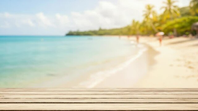Wooden foreground with blurry tropical beach backdrop for product display. Scenic summer vacation background composite video.