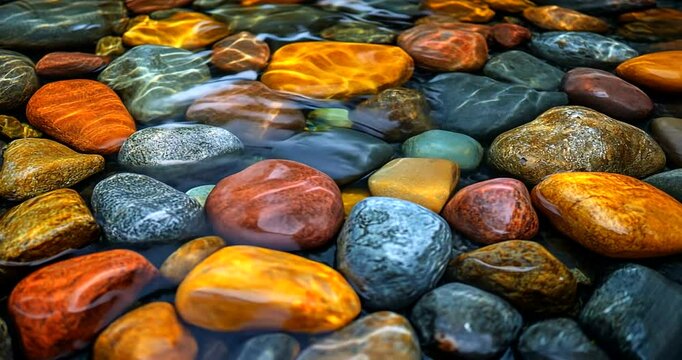 Colorful pebbles submerged in clear water reflecting light