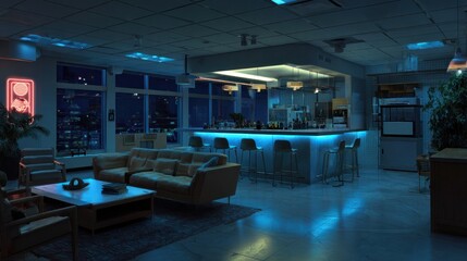 Modern nighttime lounge area
