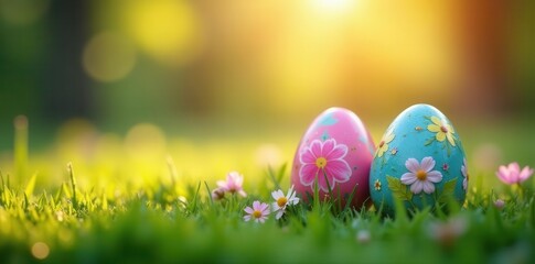 Delicate spring flowers surround brilliantly painted Easter eggs resting on a dewy lawn at dawn , colorful, happy, celebration