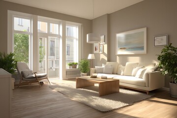 Cozy living room with natural light and plants in modern design