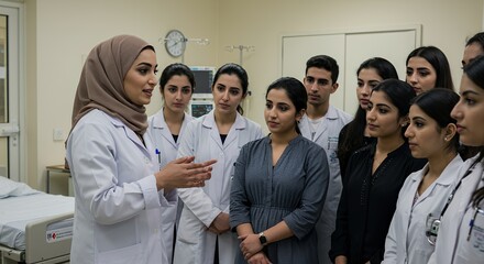 Diverse group of medical students attentively listen to a female instructor in a hospital setting.