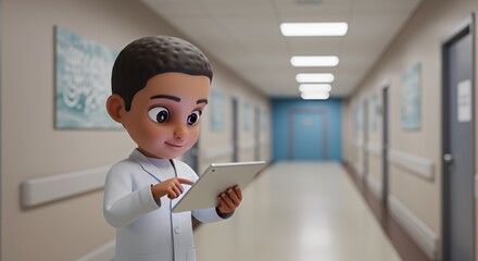 Young doctor uses tablet in a bright hospital corridor, showcasing modern healthcare technology and a positive future.