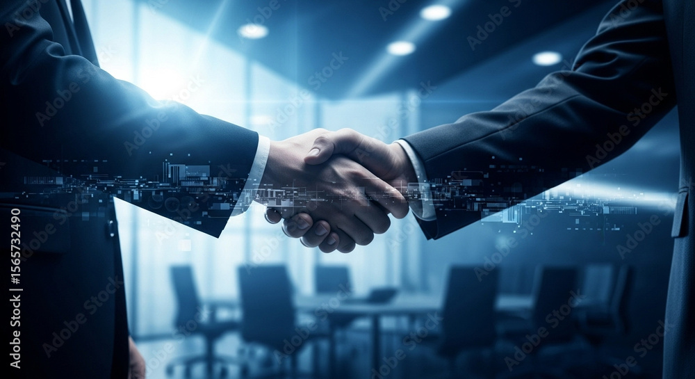 Poster business handshake in a modern office setting with a digital overlay representing technology integra