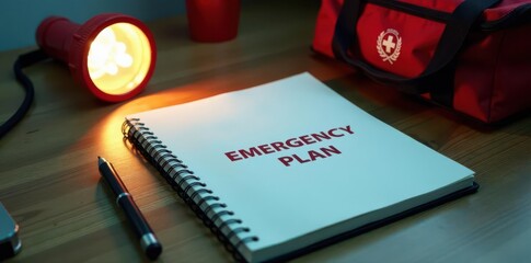 Emergency plan notebook, flashlight, first-aid kit on desk, flashlight, rescue