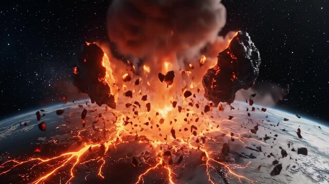 Fiery meteor striking earth, illustrating a catastrophic impact, suitable for science fiction, disaster, and apocalypse themed.
