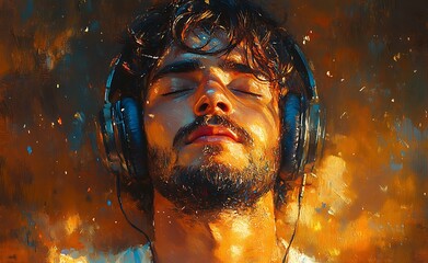 Man Immersed in Sound Headphones, Music, Serenity
