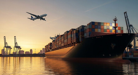 Naklejka premium Cargo ship loaded with containers at port with airplane taking off at sunset golden hour sky