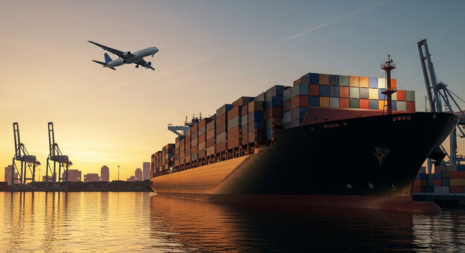 Cargo ship loaded with containers at port with airplane taking off at sunset golden hour sky