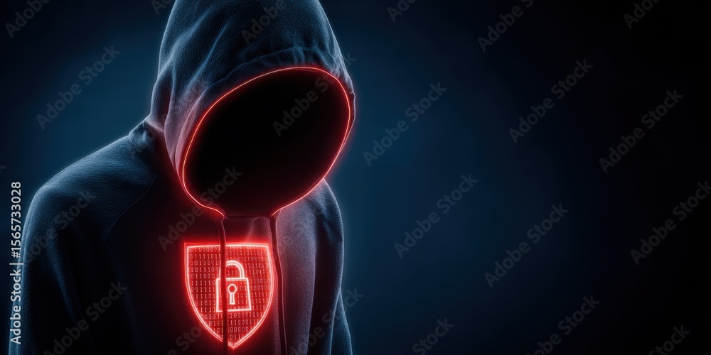 Poster a man in a black hoodie with a red glowing shield on his chest and a padlock icon inside it represen
