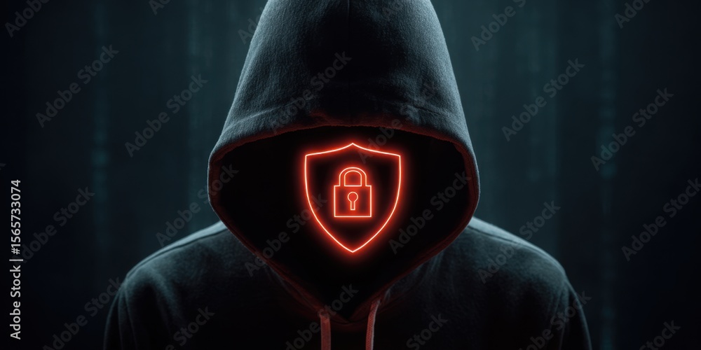 Poster a man in a black hoodie with a red glowing shield and a padlock icon on a dark background, symbolizi