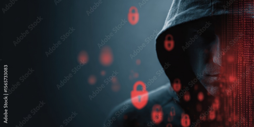 Aufkleber abstract representation of digital security with the head and shoulders of an anonymous male in a bl
