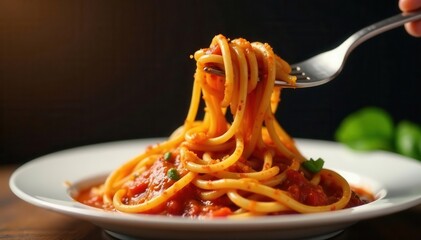 Fork twirling spaghetti, rich tomato sauce clinging , comfort food, delicious