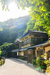Traditional houses and pathway near Minoh Falls, Minoh Park, Japan

