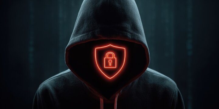 A man in a black hoodie with a red glowing shield and a padlock icon on a dark background, symbolizing data protection from cyber attacks or middlemen in a network security concept Generative AI