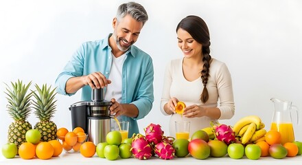 Obraz premium Couple Preparing Fresh Fruit Juice with smiling face. 