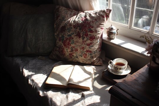 Cozy reading nook with open book and tea on a sunny windowsill